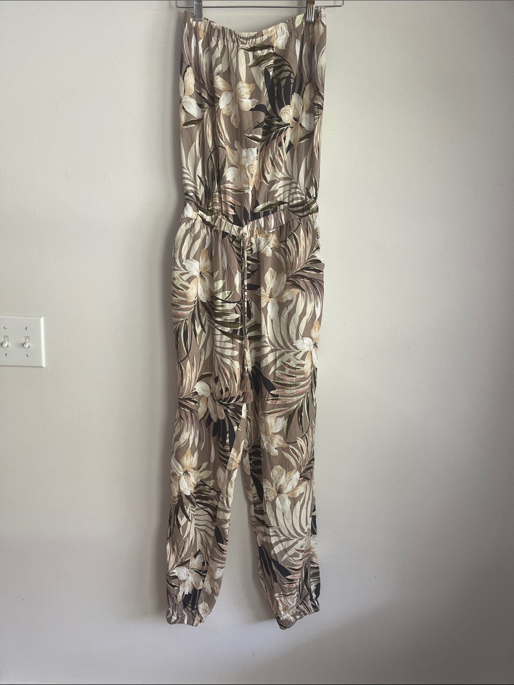 blue island Strapless Tropical Floral Jumpsuit in Beige and White